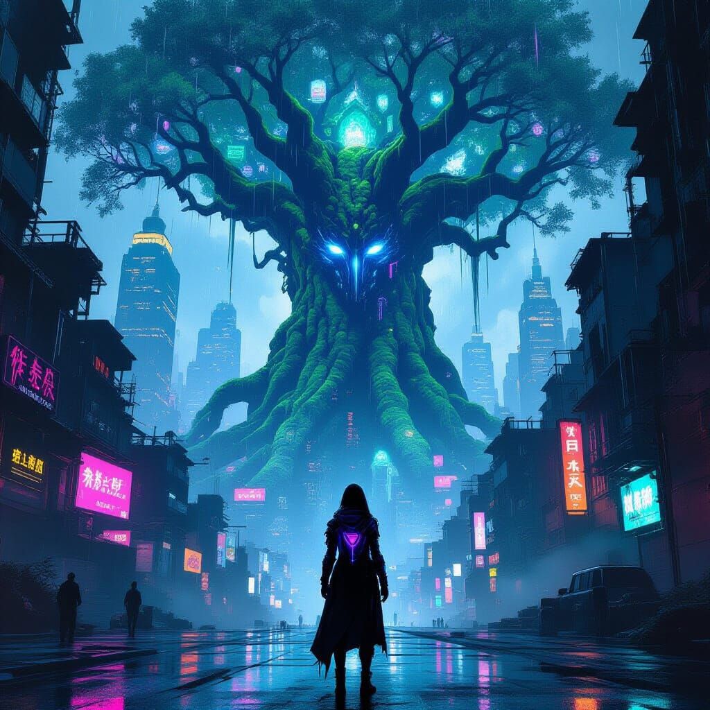 Cyberpunk Hacker Against Ancient Fantasy Tree in Gritty City