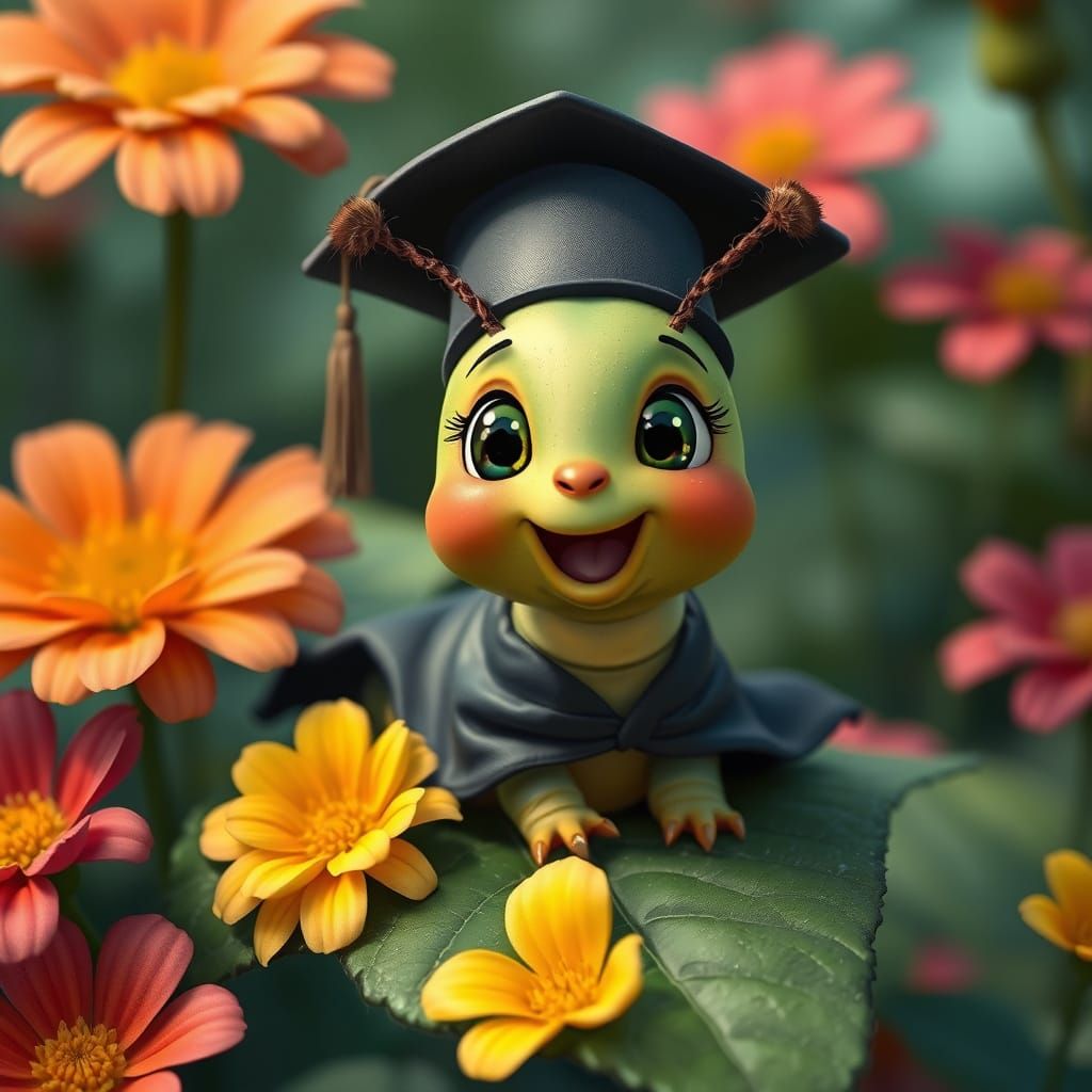 Excited Caterpillar Celebrates Graduation in Pixar Style