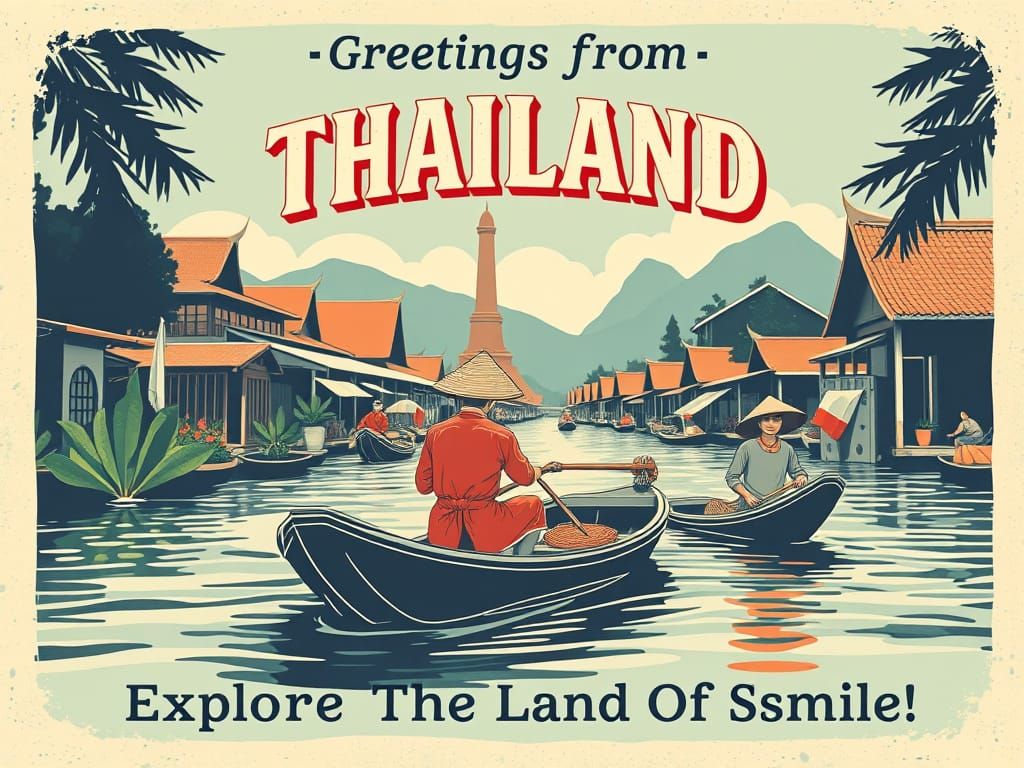 Vintage Thailand Floating Market Illustration