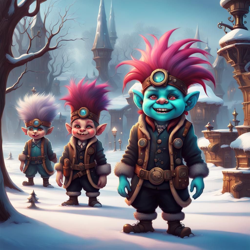 crazy trolls in winter festive park