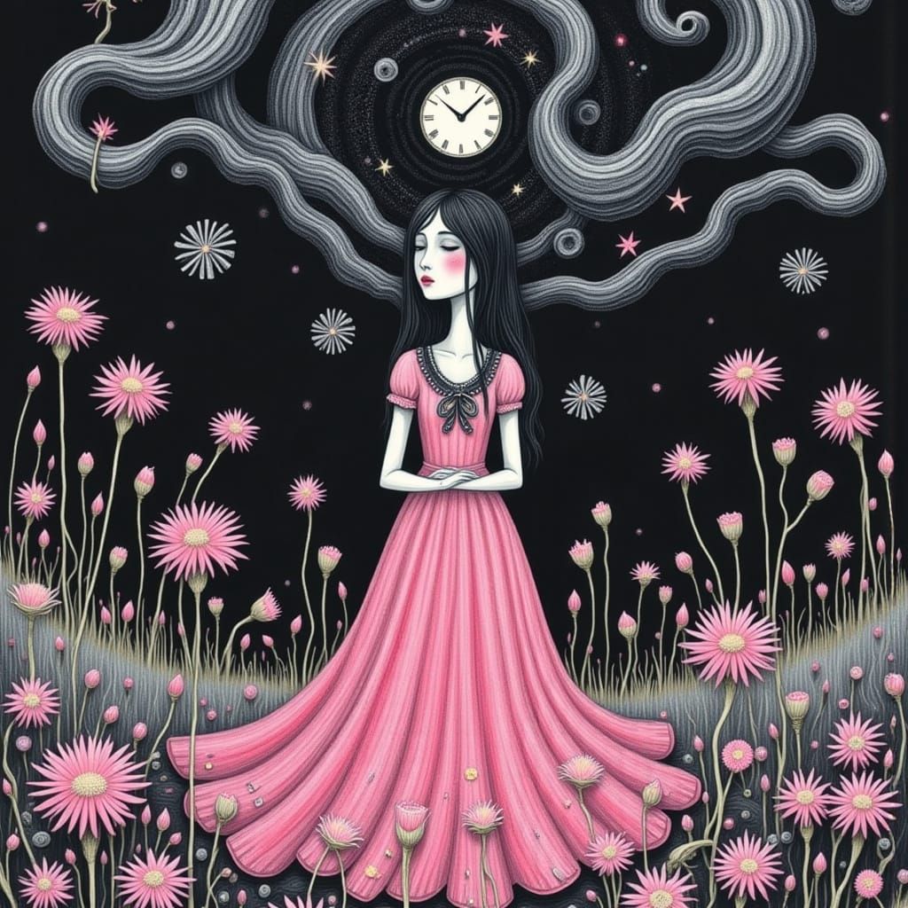 Surreal Pink Goth Goddess in Whimsical Dreamscape of Dandeli...