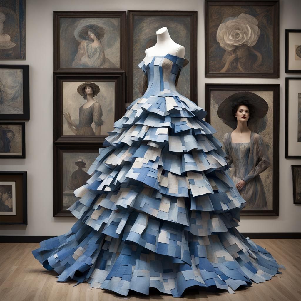 Fine Art Paper Collage : Gypsy Tiered Ripped Paper Ball Gown : Blue Columbine Color Palette : Long Flowing Sleeves : 3...