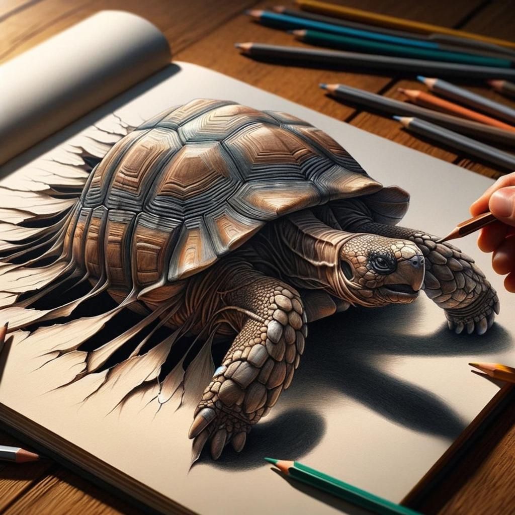 Hyperrealistic Tortoise Emerging from Sketchbook