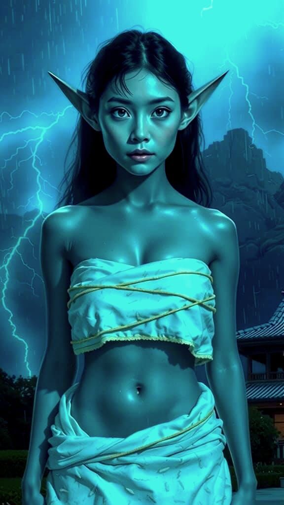 Blue Skinned Woman in Rain with Lightning