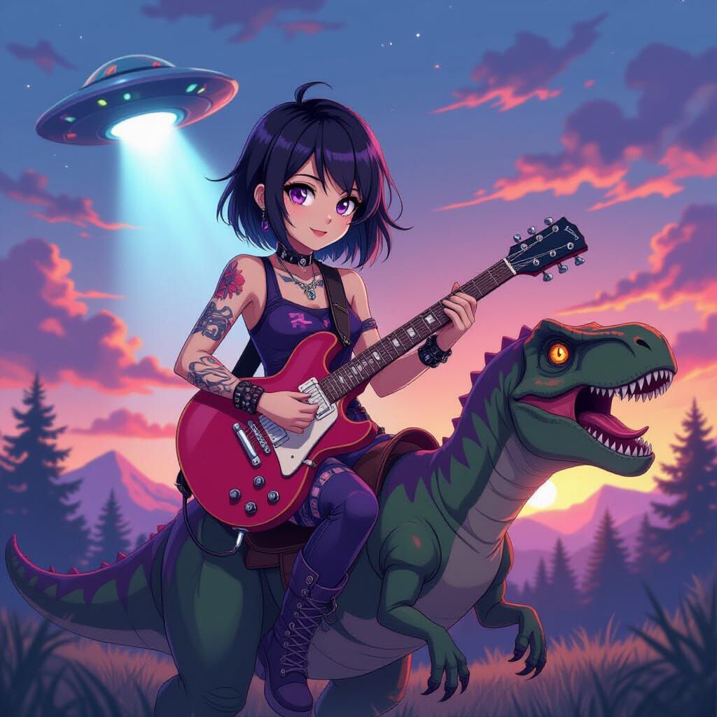 Anime Woman Rides Dinosaur with Guitar