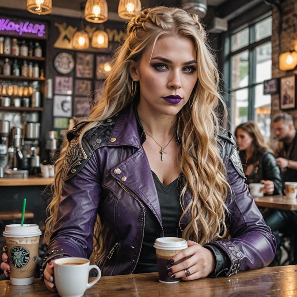 Valkyrie with Viking Features Drinking Coffee