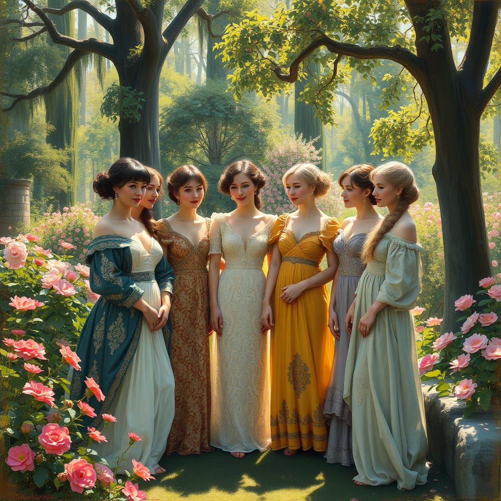 Women in Lush Garden Scene, Impressionist Style