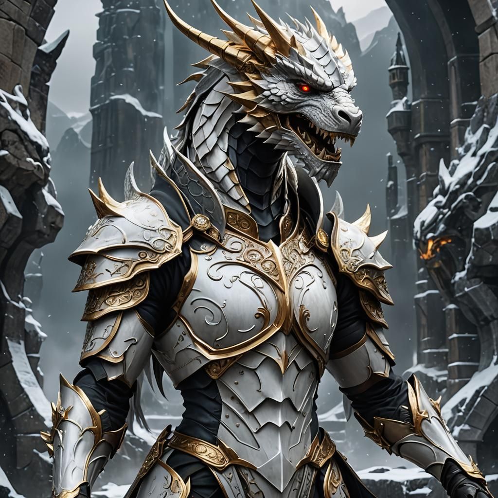 Hyperrealistic White Dragonborn Warrior in Silver Armor