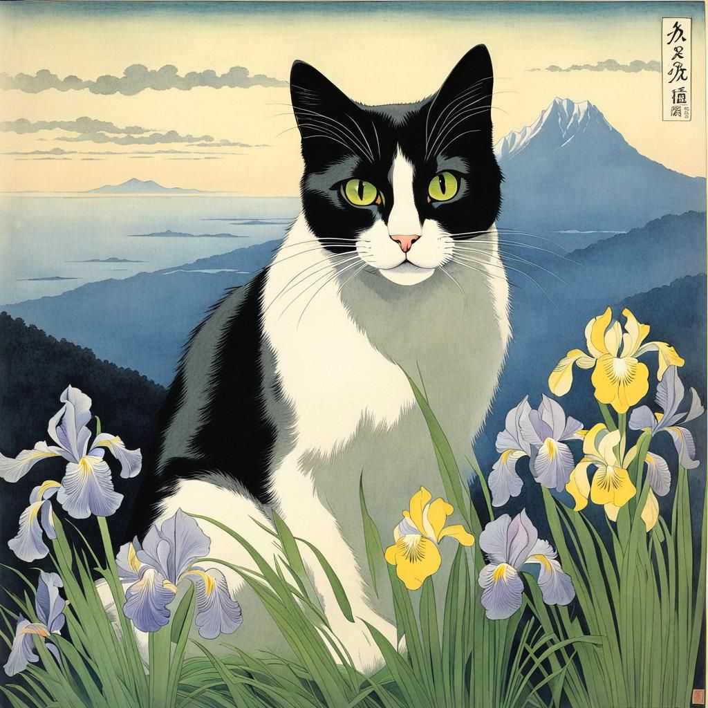 Cat Portrait with Iris Flowers, Japanese Art Style