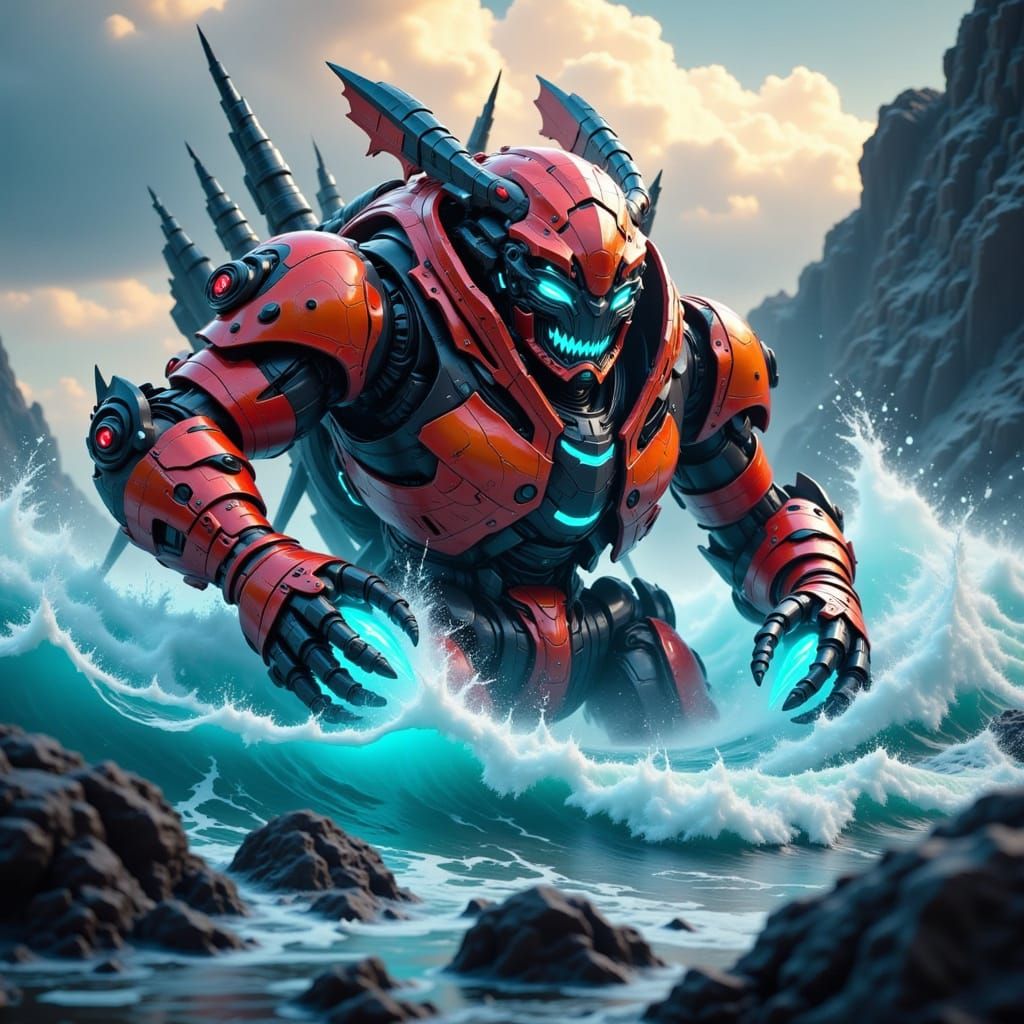 Humanoid Megalodon Mecha Scanning Ocean Waves