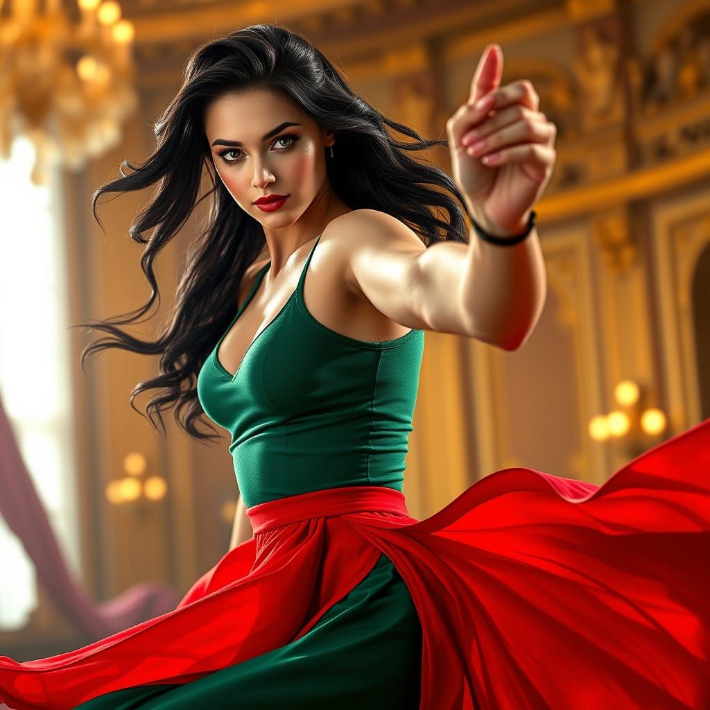 Sultry Tango Dancer in Emerald and Scarlet