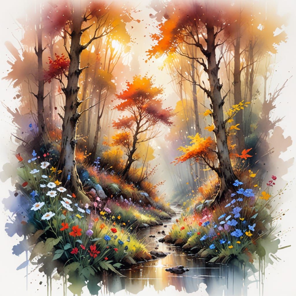 Autumn Forest on Sunlit Hill: Watercolor Painting