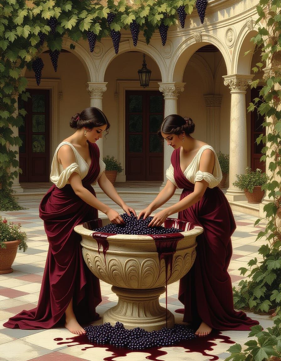 Wine Goddesses in Courtyard, Impasto Oil Painting