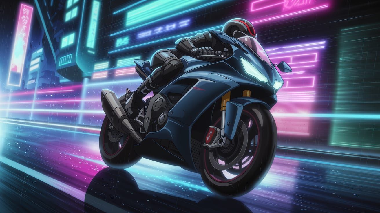 Futuristic Motorcycle Races Through Cyberpunk City at Night
