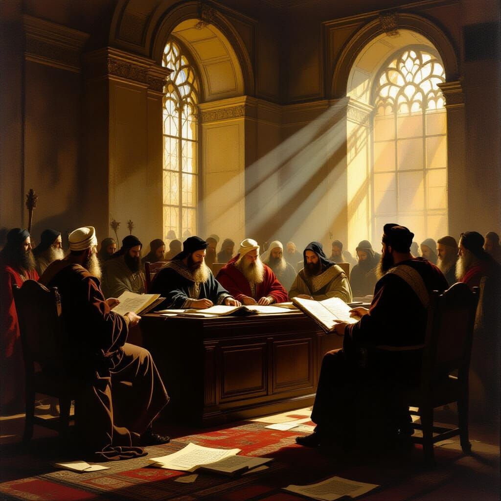 Ancient Judges Ruling: Rembrandt-Inspired Oil Painting