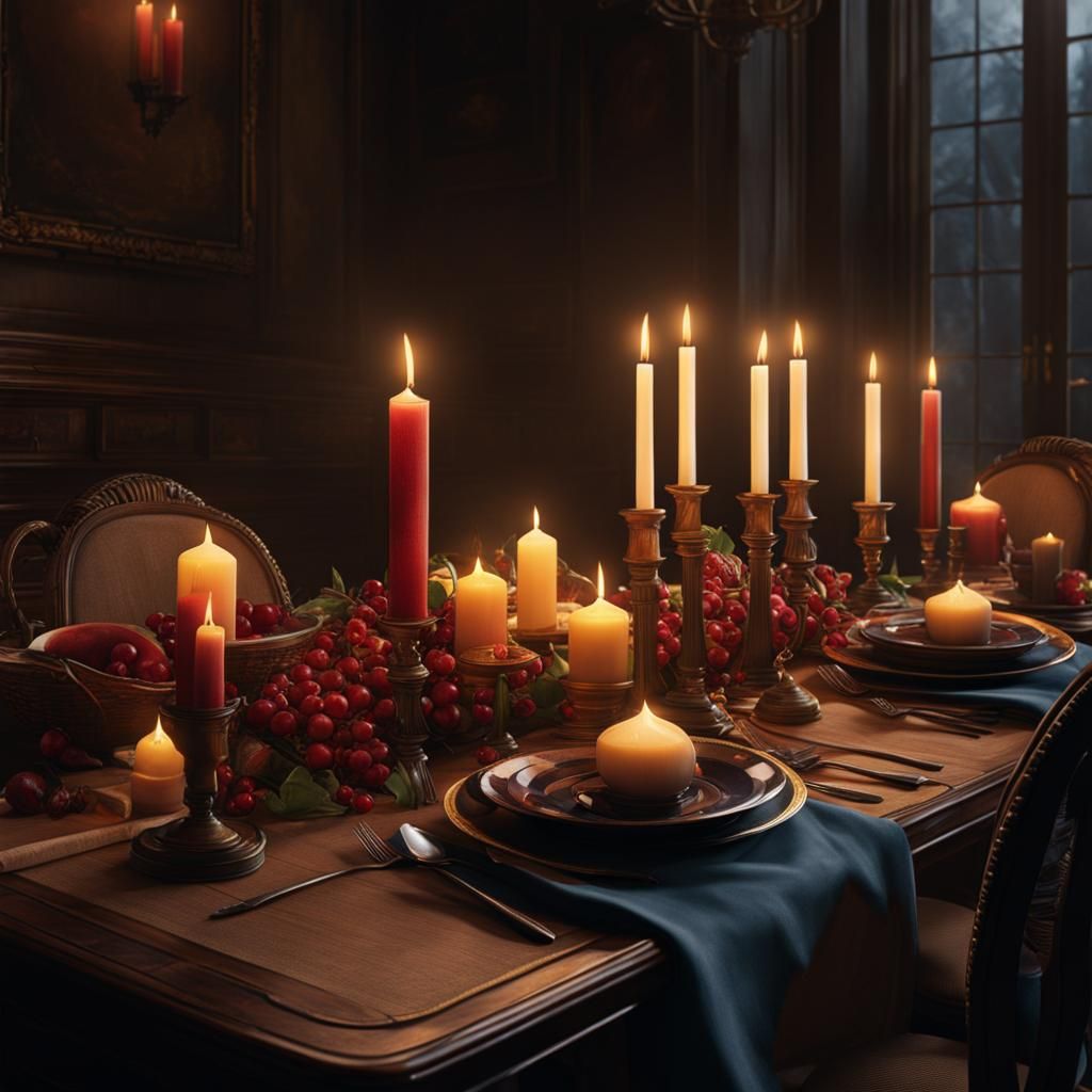 Candlelit Dinner Table: Romantic Gouache Art