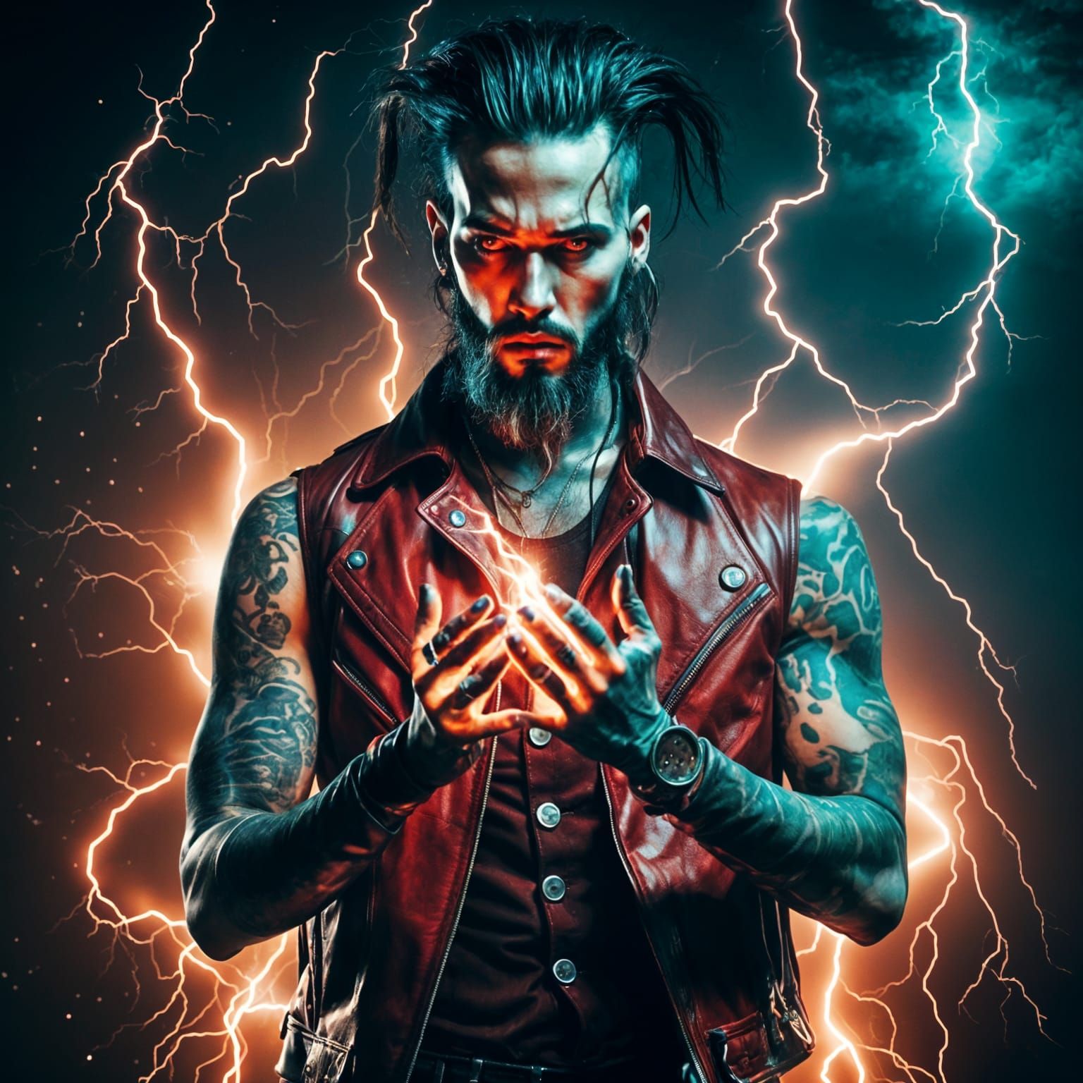 Sorcerer Conjuring Lightning in Grunge Retro Style