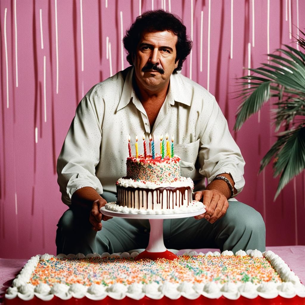 Pablo Escobar sitting in front of a birthday cake covered in...