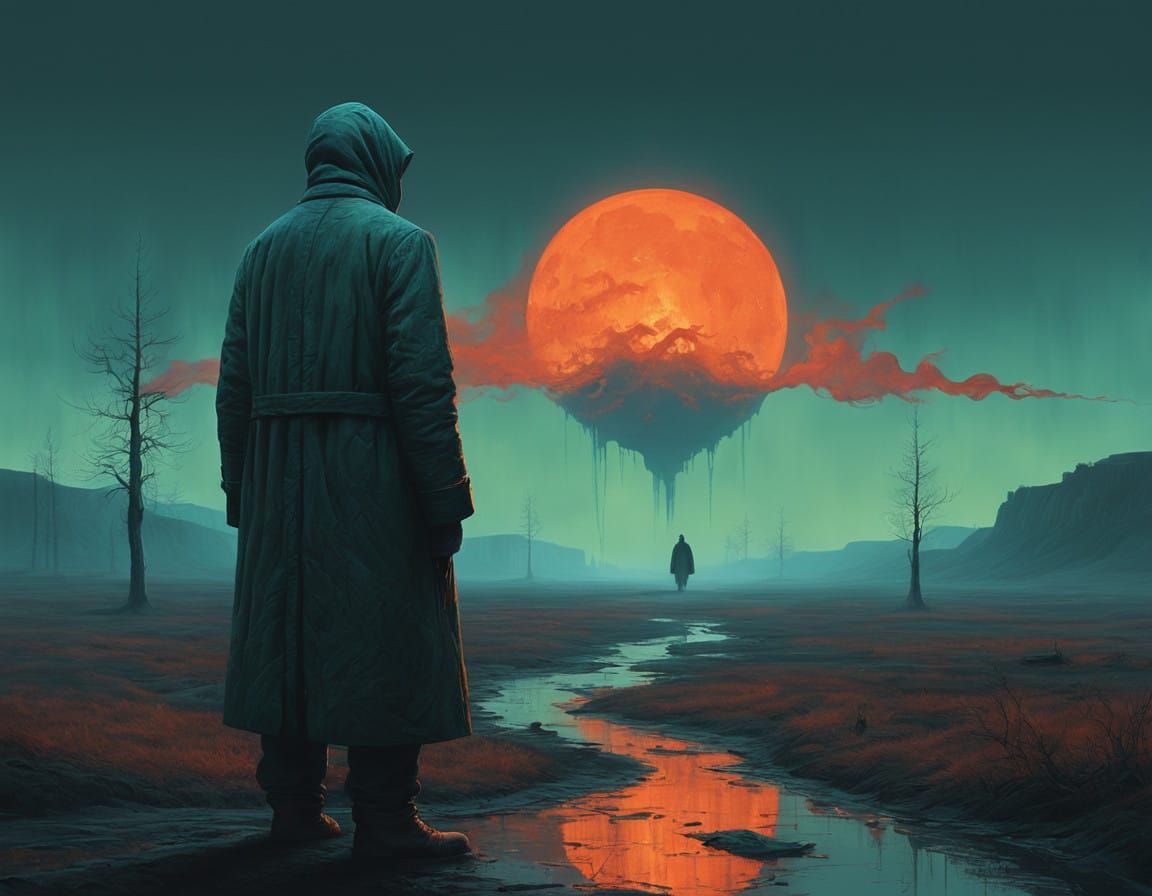 Mysterious Wanderer in a Desolate Moonlit Scene