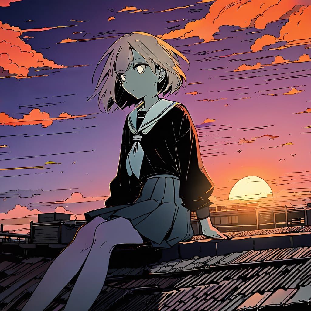 Vibrant Anime Girl Sits on Rooftop at Sunset
