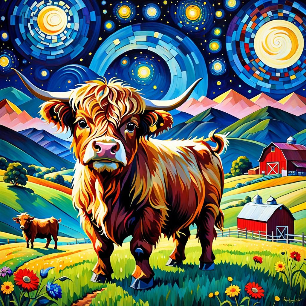 Baby Highland Cow in Crystal Cubism Style