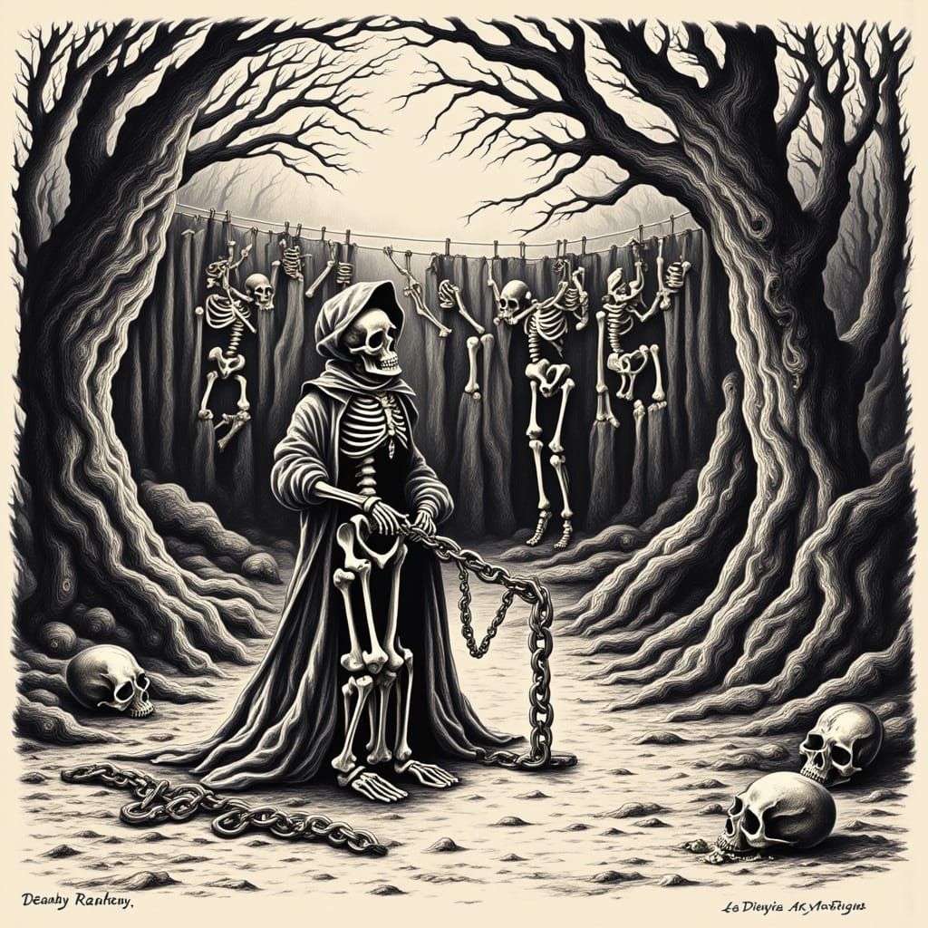 Baroque Ink Drawing of Skeleton's Danse Macabre