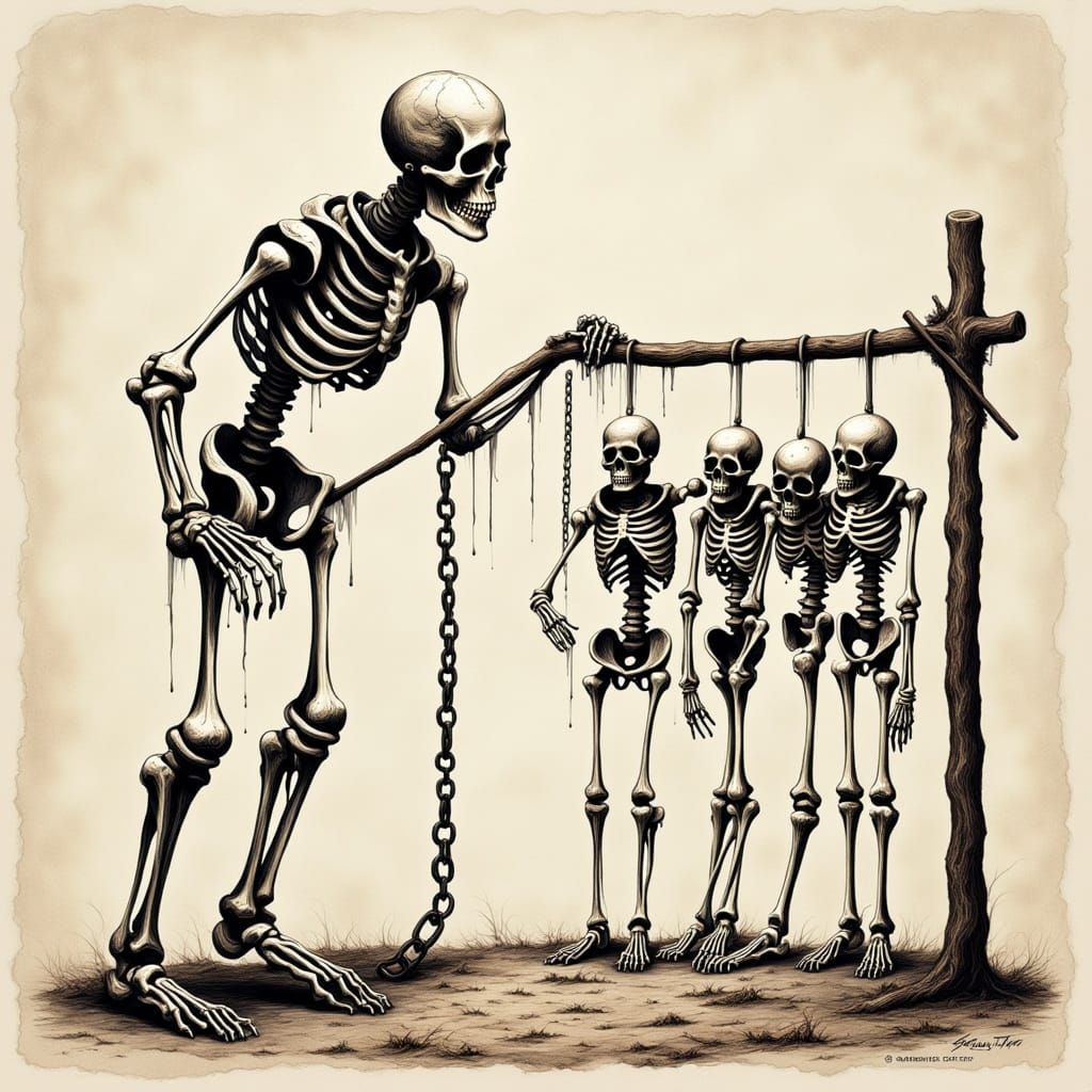 Danse Macabre: Baroque Ink Drawing of a Skeleton