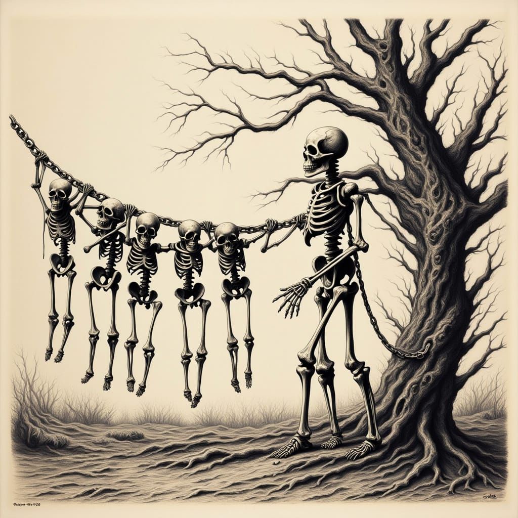 Baroque Danse Macabre: Lonely Skeleton's Ink Drawing
