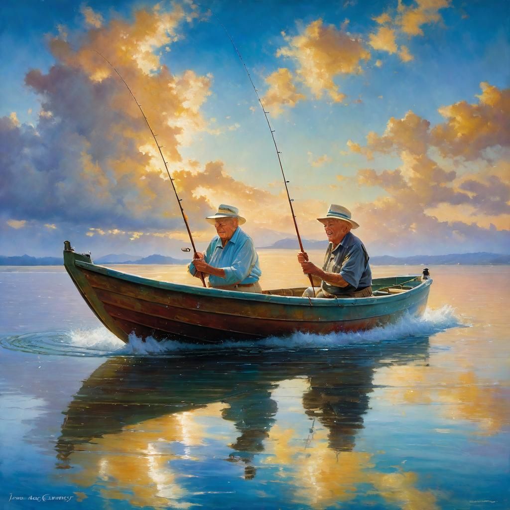 Elderly Friends Fishing: Oil Painting on a Lake