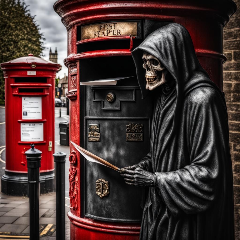 Grim Reaper Posts Letter at UK Post Box