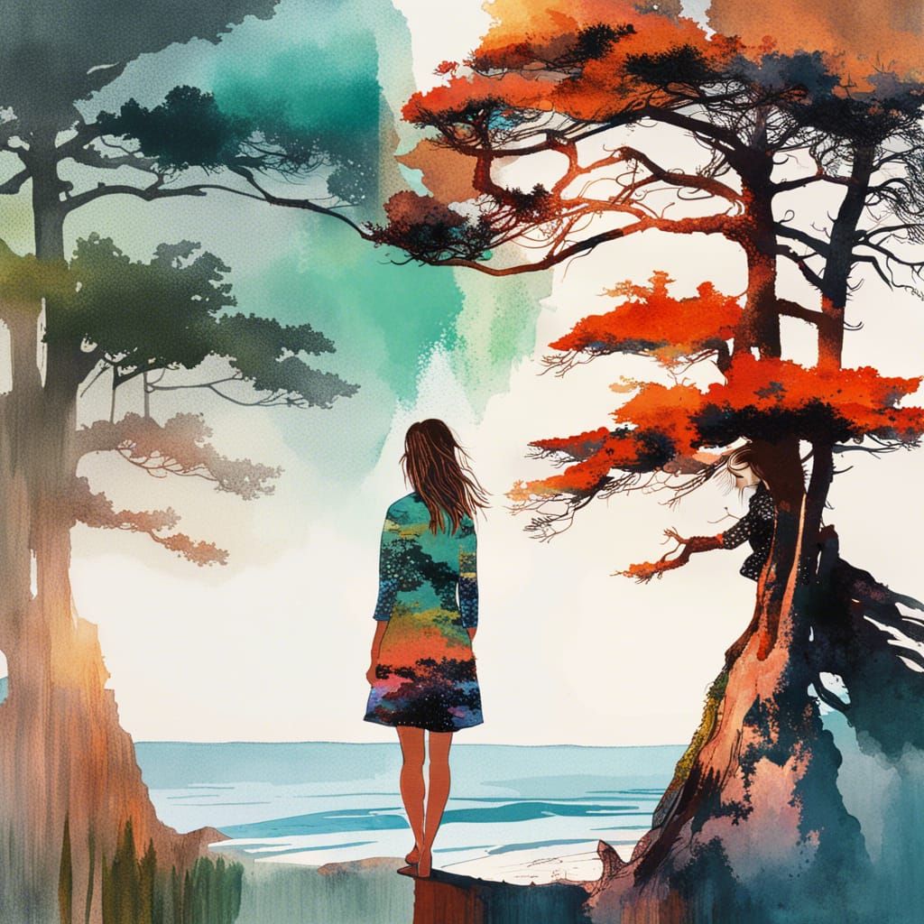 Double Exposure Portrait: Girl and Cypress Tree