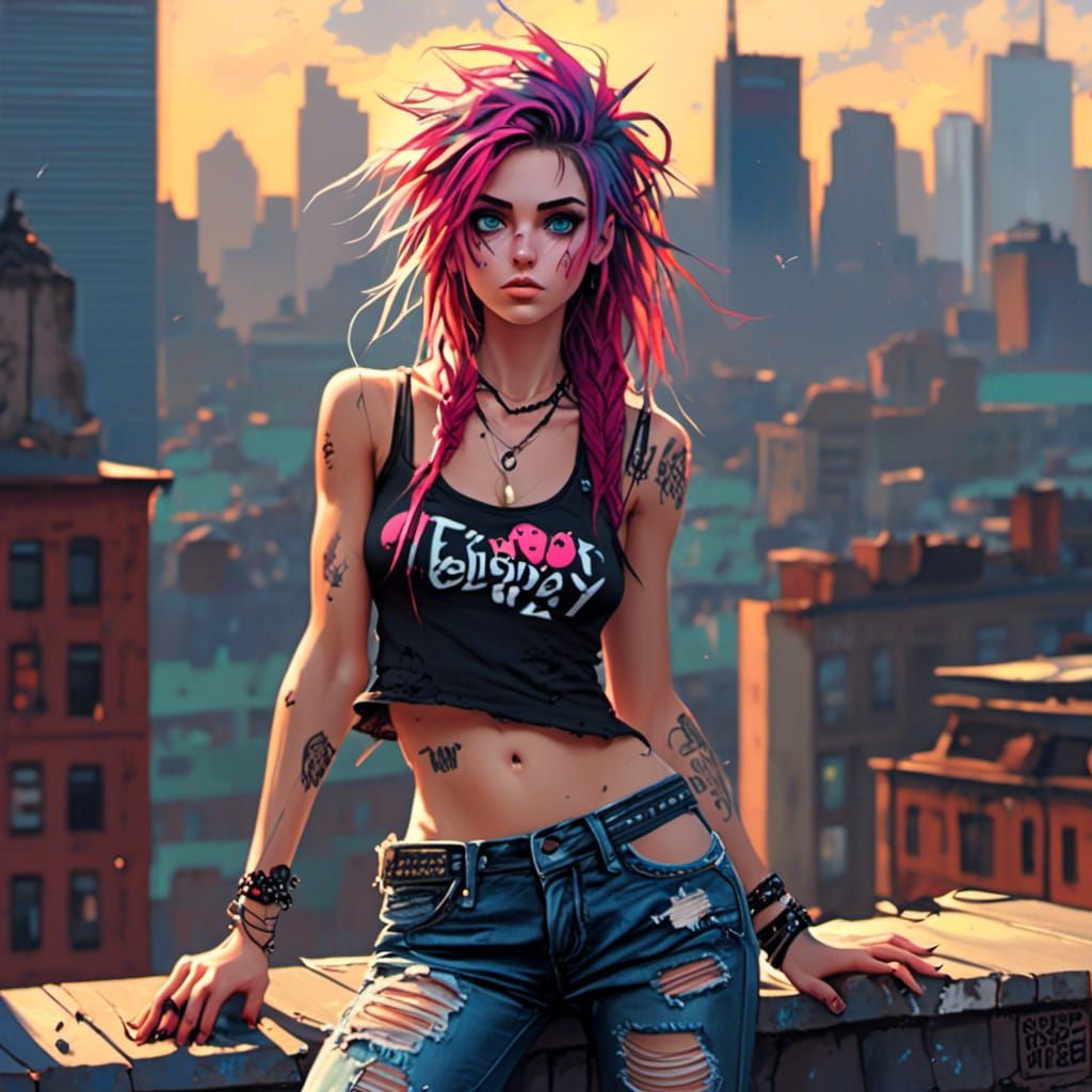 Punk Girl on Rooftop with Bokeh, HDR Masterpiece