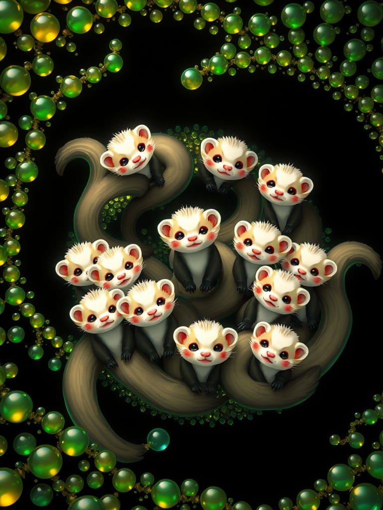 Happy Ferrets in Chibi Style with Fractal Border