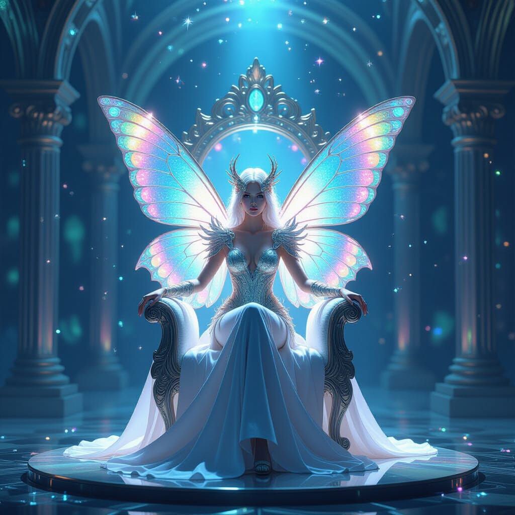 A surreal chimera—butterfly, goddess, throne—suspended in th...