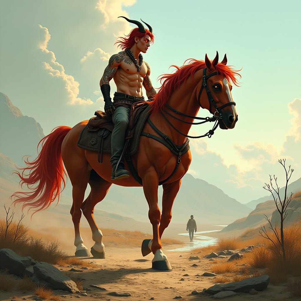 Regal Horseman Rides Through Wasteland in Cyberpunk Style