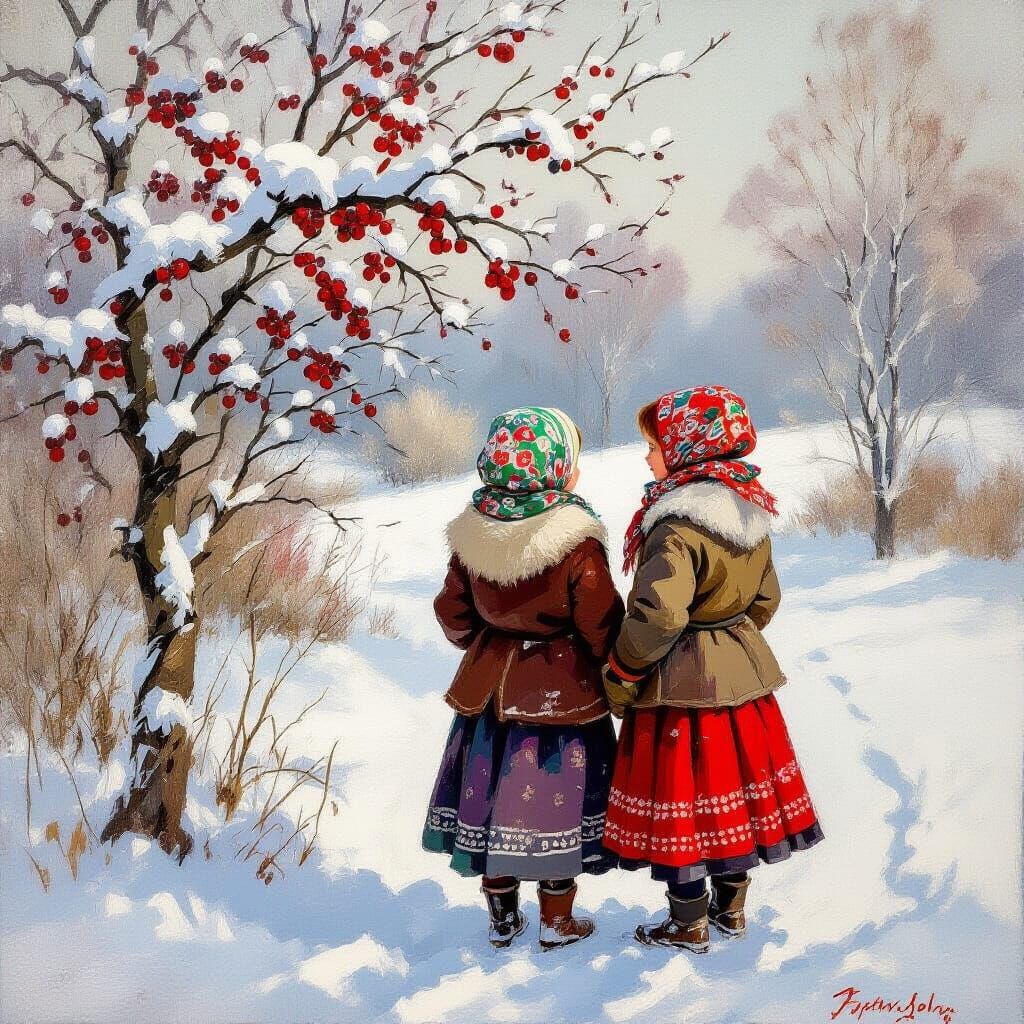 Impressionistic Winter Scene: Girls Embrace by Berry-Laden T...