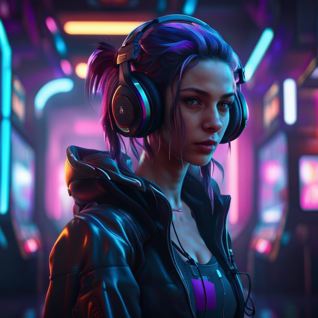 Cyberpunk Girl in Arcade, Detailed Digital Art