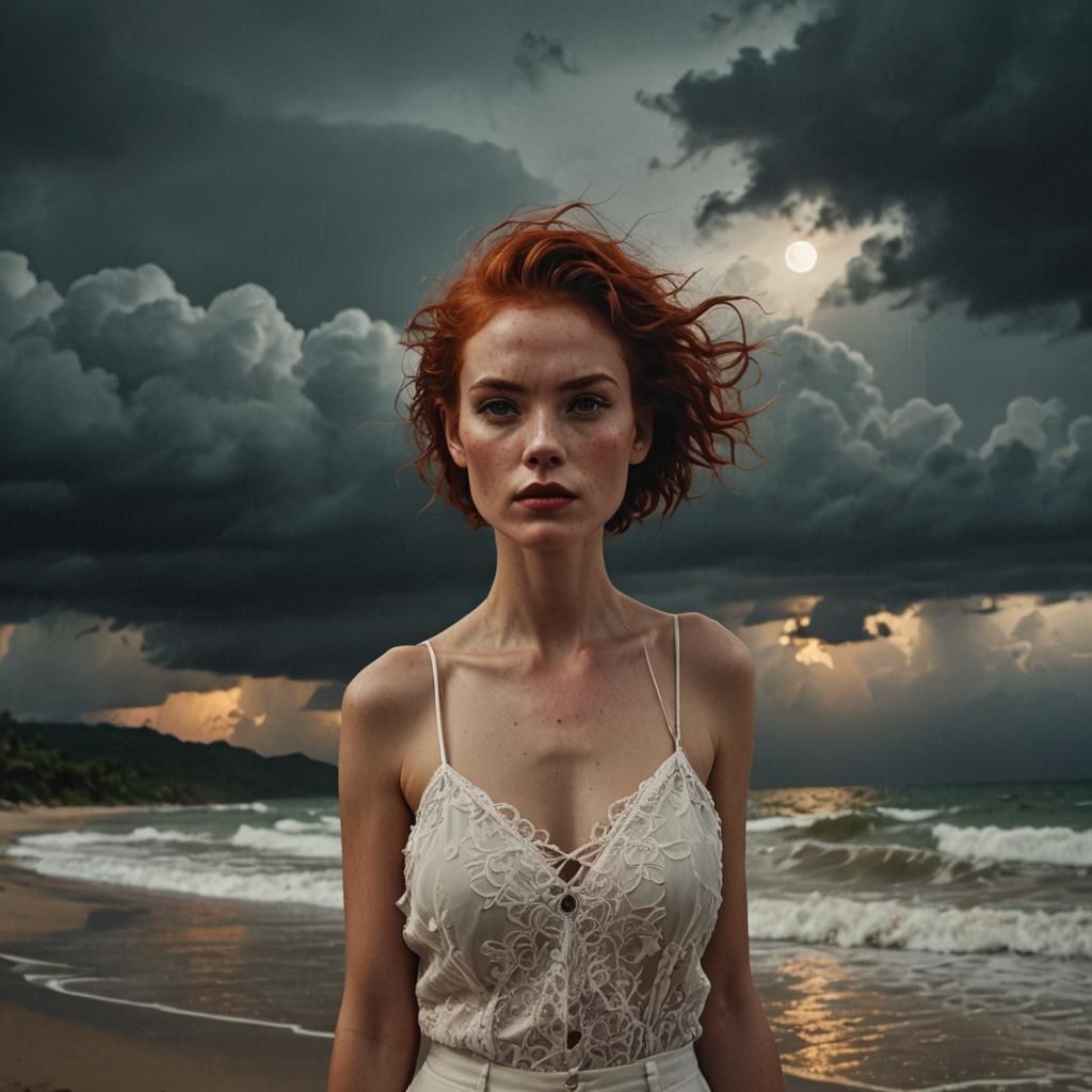 Film Noir Woman on Stormy Beach