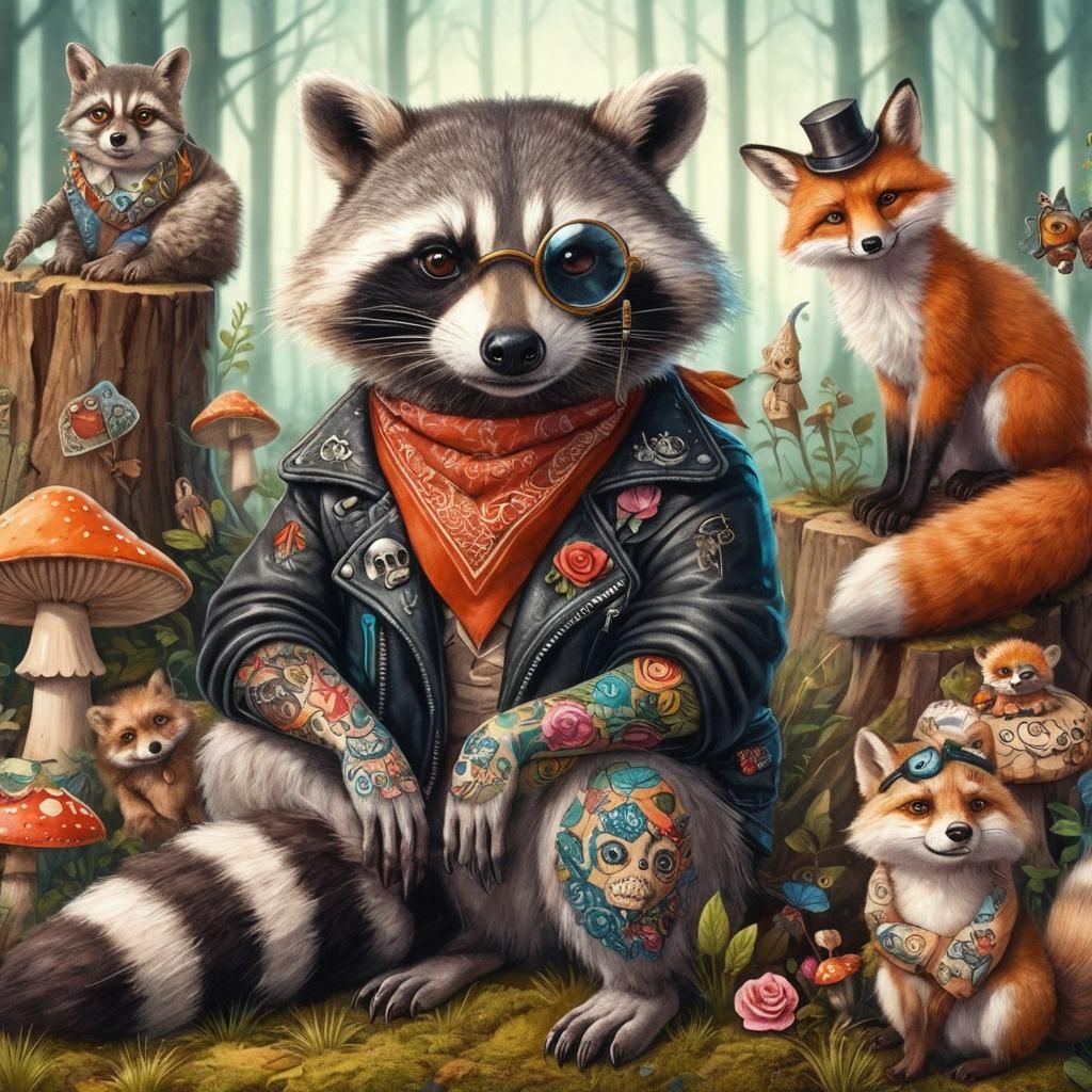 A lively tattooed animal scene unfolds, capturing a dapper raccoon with a monocle, wearing a tiny leather jacket covered...