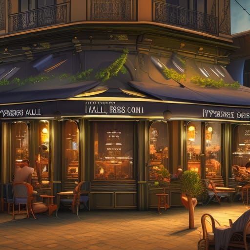 Hyperdetailed Parisian Cafe Under Full Moon
