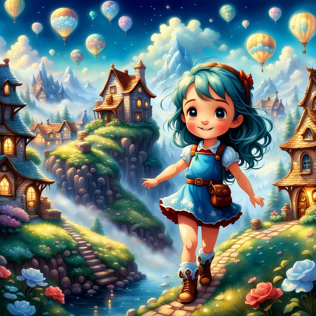 Detailed Chibi Character in Ethereal Fantasy Landscape