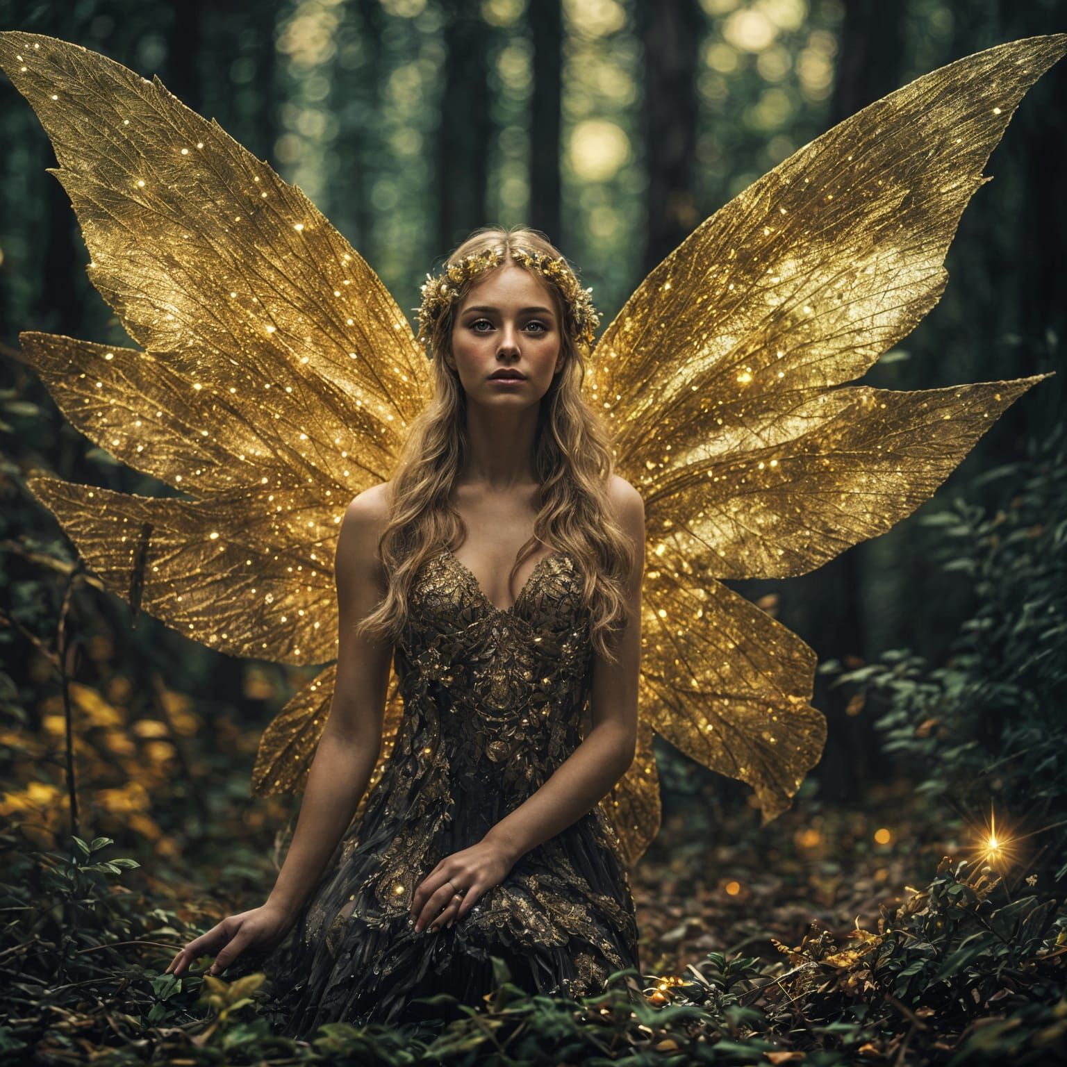 Golden Fairy with Glittery Wings in Forest
