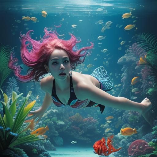 Woman Swimming with Fish: Hyperrealistic Digital Art