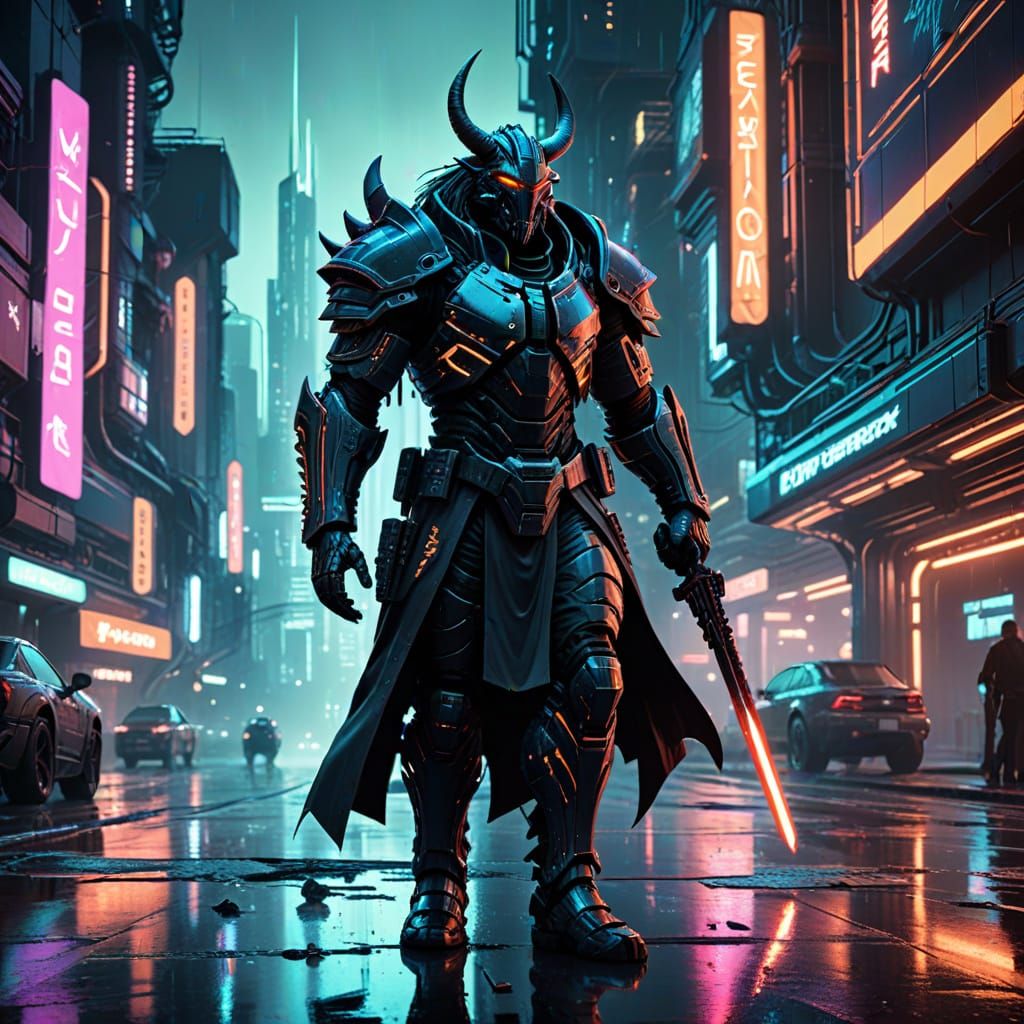 Cyberpunk Warrior in Neon City