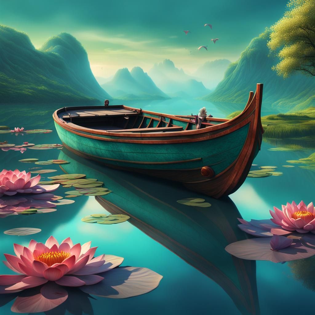 Mythical Floral Landscape with Boat, Matte Painting