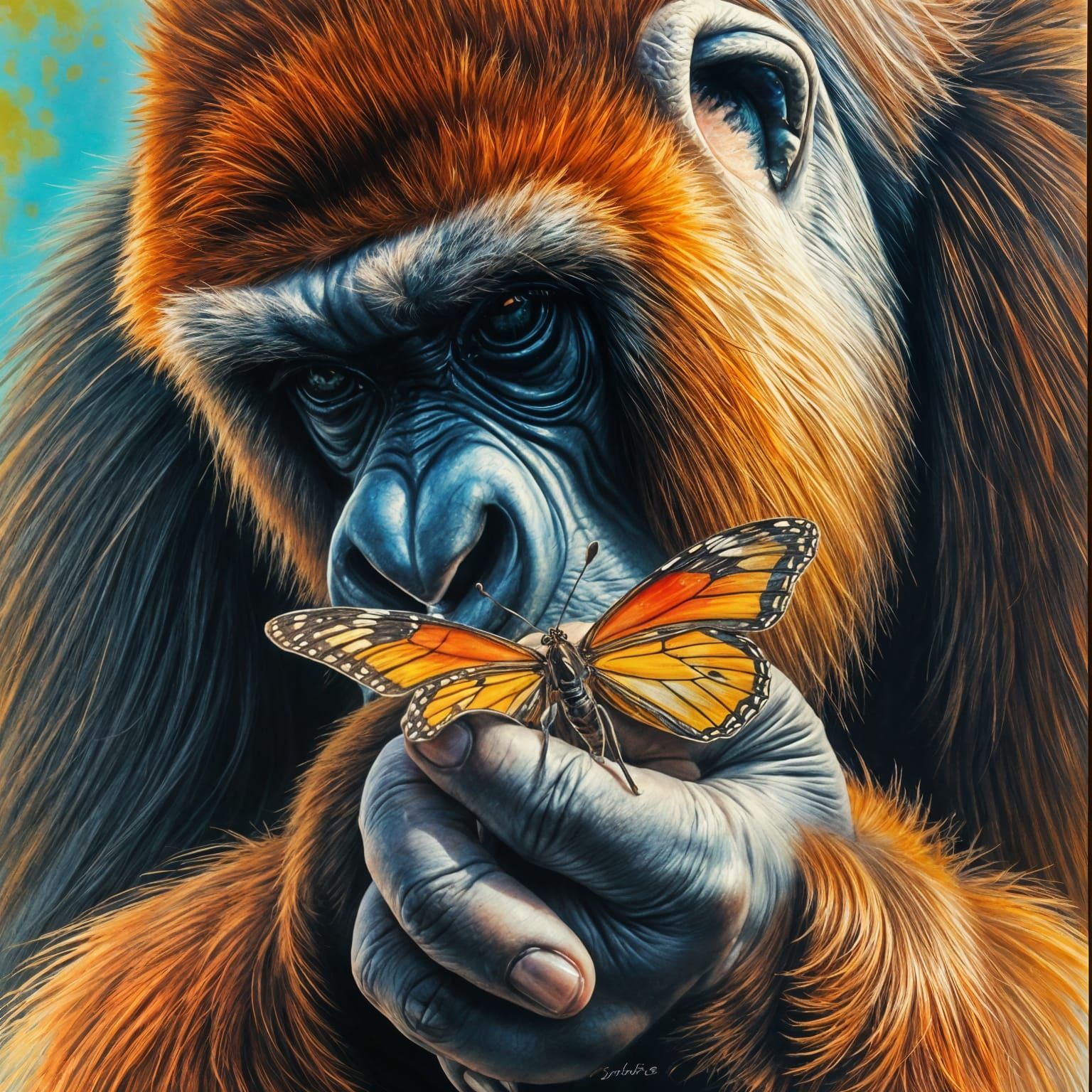 Gorilla and Butterfly in Colored Pencil and Charcoal