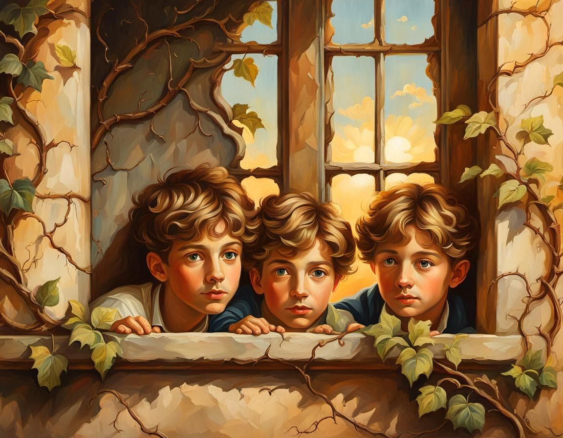 Boys Hide After Breaking Window: Baroque Oil Painting