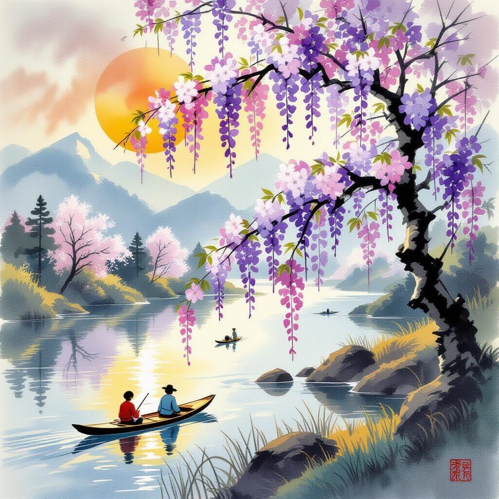 Yamato-e Style Wisteria Blossoms in Spring Sun