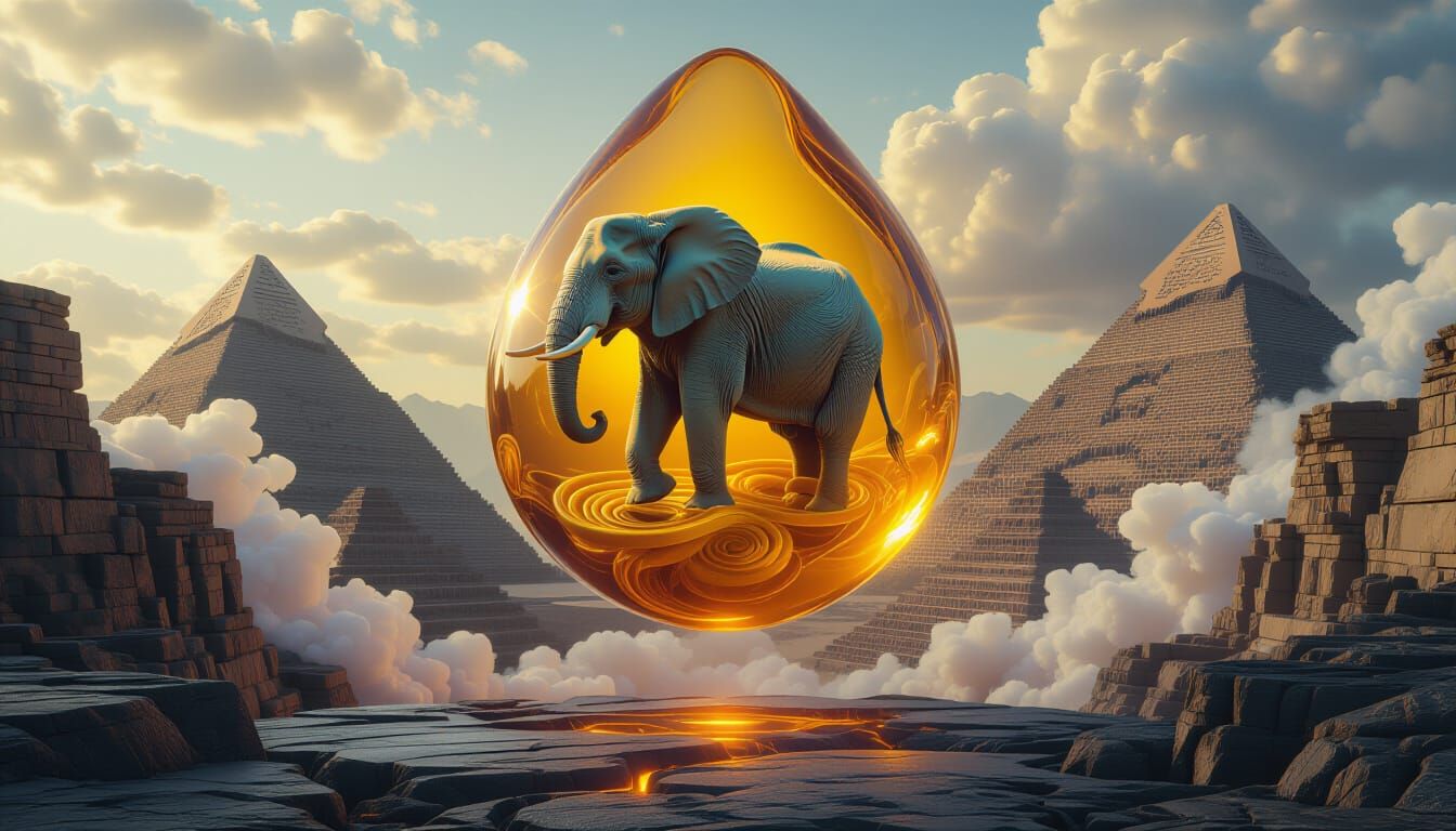 Honey Elephant in Amber Droplet, Surrealist Optical Art