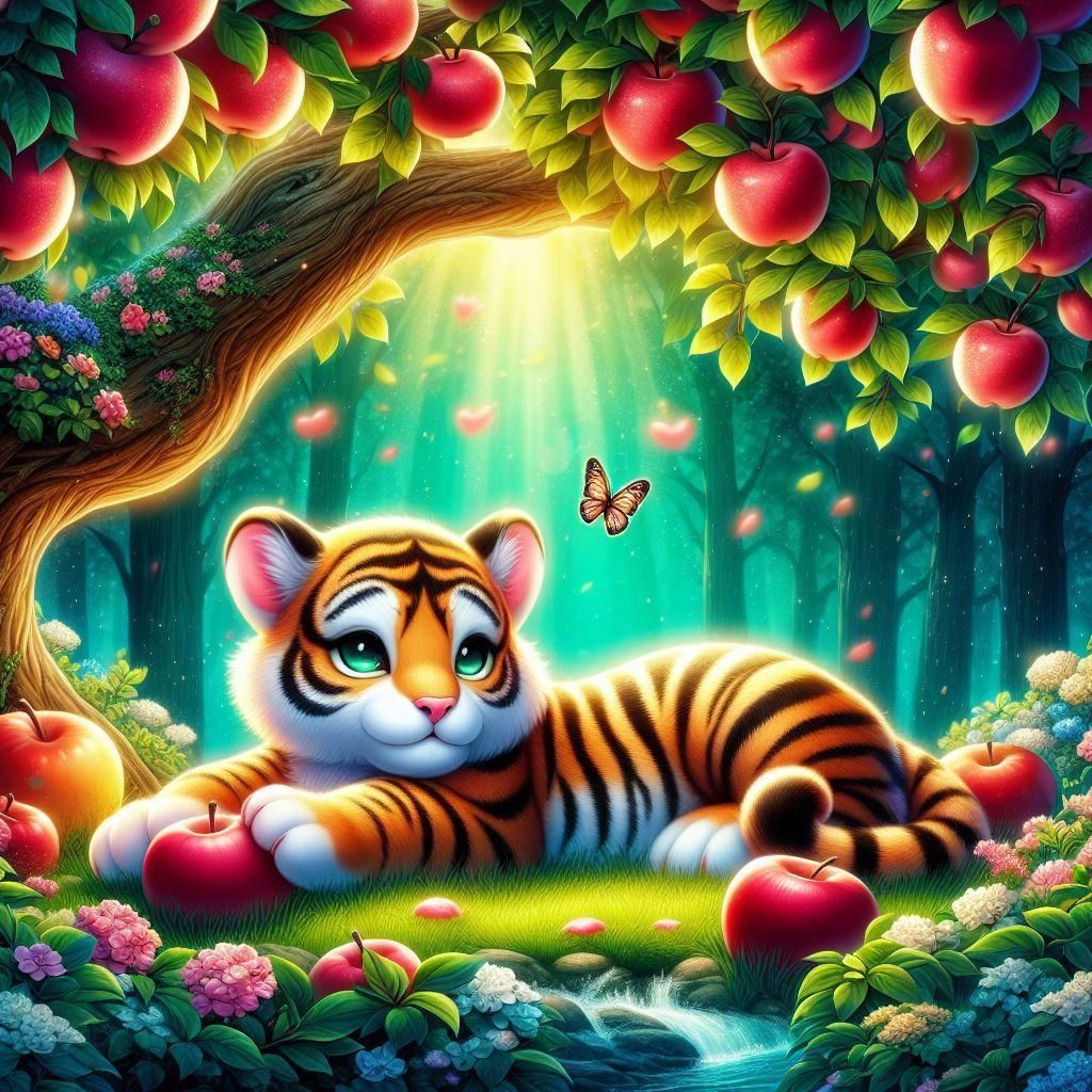 Tiger Pokemon Under Apple Tree in Cartoon Style